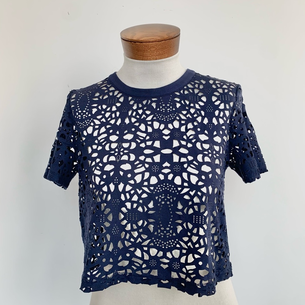 re:named-Navy Cut-Out Crop Sleeve Top